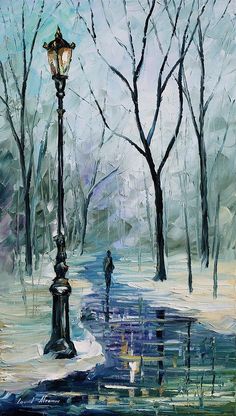 a painting of a person walking in the rain