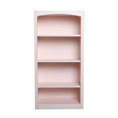 a pink bookcase with three shelves on each side and one door open to reveal the room