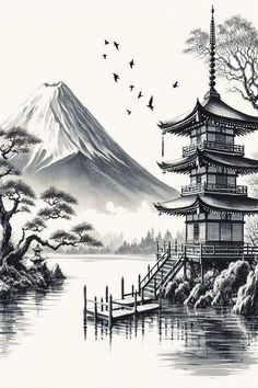 a drawing of a pagoda in front of a mountain with birds flying over it and trees