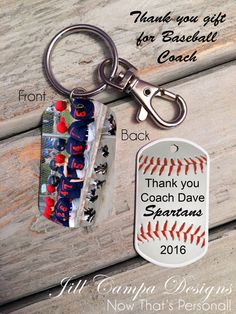 a keychain with baseballs on it that says thank you coach and has a tag attached to it