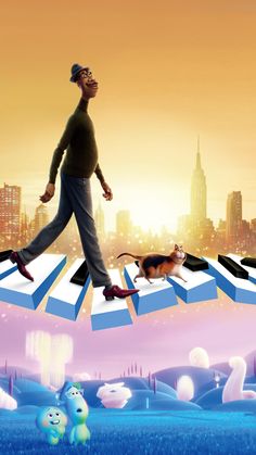 a man walking across a piano keyboard in the middle of a city with cats and dogs