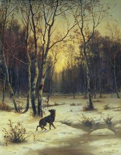 a painting of a dog running in the snow by some trees and bushes, with another dog looking on