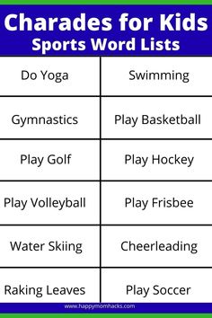 the chart shows how to play volleyball and other sports games for kids with words that read charadess for kids sports word lists