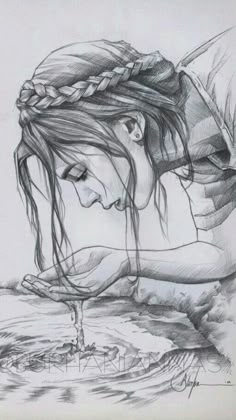 a pencil drawing of a girl with her head in the water