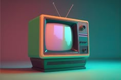 an old fashioned television set sitting on top of a green and pink surface with the tv turned off