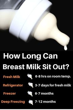 the milk is being poured into a cup with information about how long can breast milk sit out?