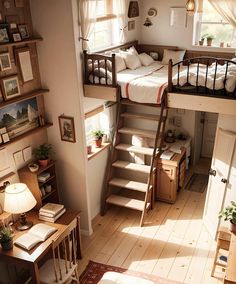 a loft bed is built into the side of a small room with stairs leading up to it