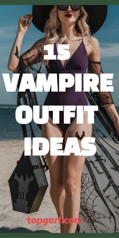 a woman in a purple bathing suit and black hat with the words is vampire outfit ideas?