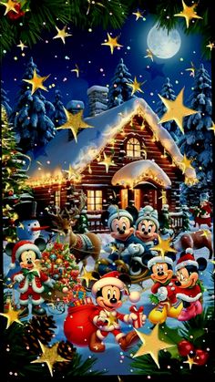 mickey mouse christmas scene with santa claus and other cartoon characters in front of a house