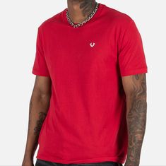 100% Cotton Set-On-Rib Collar Loose Fit For Optimal Comfort Buddha Logo On Back True Religion Logo On The Upper Left Chest Area Red Cotton Crew Neck Top, Red Crew Neck Top With Relaxed Fit, Red Relaxed Fit Crew Neck Top, Red Crew Neck Shirt With Relaxed Fit, Red Relaxed Fit Shirt With Crew Neck, Red Relaxed Fit Crew Neck Shirt, Classic Red Tops For Streetwear, Classic Red Top For Streetwear, Red Cotton Crew Neck Shirt