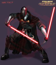 a star wars character with two lights sabers in his hand and one on the other side