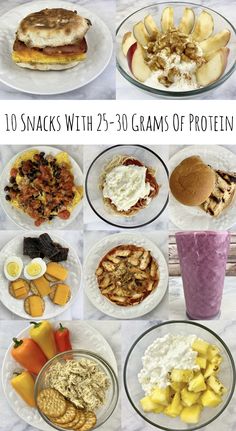 the top ten snacks with 25 - 30 grams of protein are shown in this collage