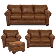 two brown leather couches and one chair with footstool are shown in three different angles