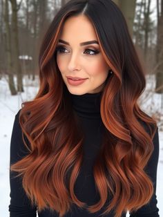 Winter hairstyles for long hair get a fiery upgrade with these stunning copper waves. The soft curls add warmth perfect for a cold season look, making it easy to pair with cozy sweaters or hats. Whether you’re planning a casual day out or a romantic occasion, these waves bring the perfect touch of elegance and bold color to stand out against the winter white. Trendy Hair Colour 2024, Fall Copper Hair Color, Copper Hair Extensions, Copper Hair Long, Winter Red Hair, Hair Color For Winter, Winter Hair Ideas, Winter Hairstyles For Long Hair, Winter Hairstyle Ideas