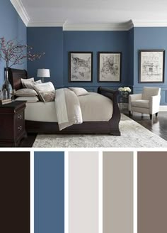 a bedroom with blue walls and furniture in the color scheme, along with pictures on the wall