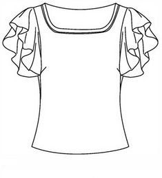 a black and white drawing of a top with ruffled sleeves