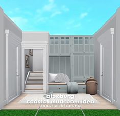 an image of a room with white walls and green grass in the flooring area