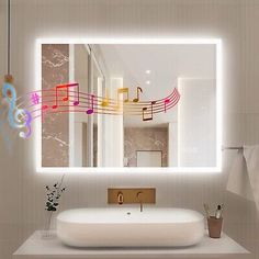 a bathroom mirror with musical notes on it