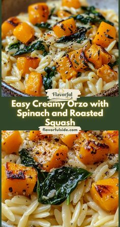 pasta with spinach and roasted squash in a white bowl on a green background text reads easy creamy zero with spinach and roasted squash