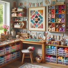 a room filled with lots of crafting supplies and crafts on shelves next to a window