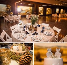 a collage of photos with pine cones, plates and candles on them for a wedding reception