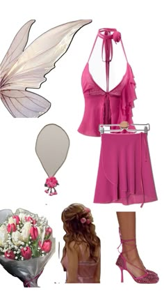 a pink dress and accessories are arranged on a white background, including a butterfly wing