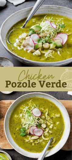 two bowls of chicken pozole verde soup