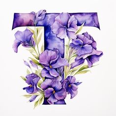 the letter f is painted with watercolors and has purple flowers in front of it