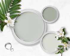 two gray paint colors with white flowers and greenery on a marble table top view from above