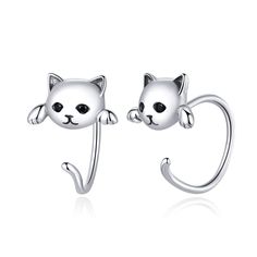 PRICES MAY VARY. Material: Cute cat half studs hoop earrings made of 925 Sterling Sliver and 18k white gold plated, hypoallergenic for sensitive ears, anti-tarnish, Nickel and lead free. Lovely Animal Pet Huggie Hoop Earrings Size: 11mm. Lightweight and comfortable to wear. Sterling silver polished cute cat stud earrings are very cute, lively cute cat design, very elegant and pretty, best choice for daily wear. shining in every turn, suitable for any clothes and occasions Best gift choice for yo J Hoop, Black Cat Earrings, Gatto Carino, Cat Earrings Studs, Silver Cat, Cat Ear, Cat Earrings, Small Earrings, Animal Fashion