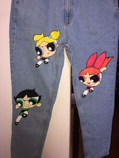 Custom Powerpuff Girl, New Jeans Powerpuff, Hand Painted Jeans, Jean Art, Textile Medium, Diy Denim Jacket, Art Jeans, Hand Painted Clothing