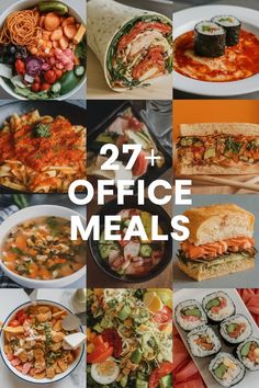 many different pictures with the words 27 office meals on them in white and orange colors