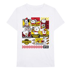 Officially Licensed BTS BT21 Merchandise Featuring BTS 'Bite Fast Food' design motif. at front Crew Neck Short Sleeves Classic Unisex Fit Tee 100% Soft Style Cotton White Food Tshirt Design, 7 Eleven, Bts Bt21, Uniform Design, Movie T Shirts, High Quality T Shirts, Clothing Design, Tshirt Design, Food Design