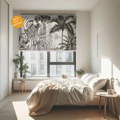 a bed sitting under a window next to a plant filled wall mounted on the side of a wall