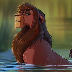 the lion king is swimming in the water