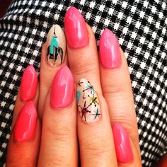 Mcm Nail Art, Mid Century Nail Art, Mcm Nails Design, 1950s Nails Ideas, Mid Century Nails, Atomic Nails, Mcm Nails, Pin Up Nails, 1950s Patterns