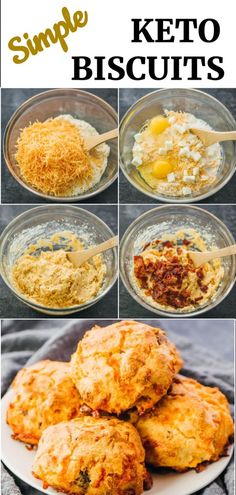 the steps to making keto biscuits are shown in this collage with text overlay