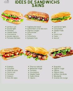 an image of sandwiches with different types of meats and vegetables on them in french