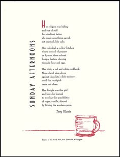 an illustration of a coffee cup with the words,'sunday afternoon'on it