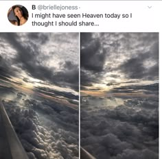 the view from an airplane looking down at clouds and sun in the sky with one woman's face