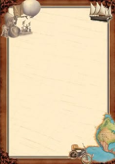 an old fashioned photo frame with a map and pirate ship in the background on parchment paper