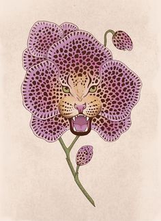 a drawing of a purple flower with a leopard's face on it