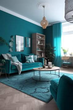 Living room with a beautiful turquoise sofa and a chic round couch table, perfect for adding style and functionality to any space. Sofa Turquoise, Round Couch, Teal Bedroom Decor, Turquoise Sofa, Cottage Style Furniture, Turquoise Home Decor, Wall Decorating Ideas, Modern Living Room Wall, Bedroom Wall Designs