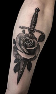 Dagger Traditional Tattoo, Rose Dagger Tattoo, Roos Tattoo, Rose And Dagger Tattoo, Traditional Dagger Tattoo, Anatomical Tattoos, Park Images, Rose And Dagger, Rose Tattoo Forearm