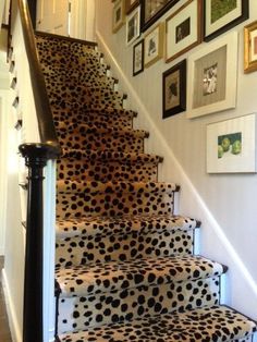 the stairs are decorated with black and white polka dot rugs, along with pictures on the wall