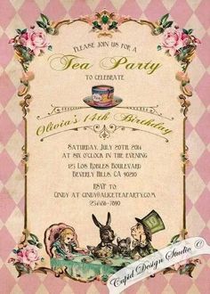 an old fashioned tea party is featured in this pink and white card with roses on it