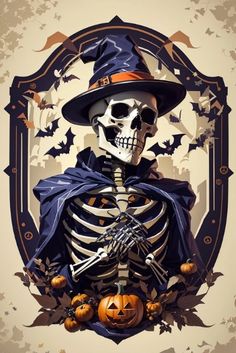 a skeleton dressed up as a witch with a pumpkin in his hand and wearing a hat