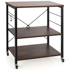 a wooden shelf with two shelves on wheels