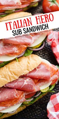 italian hero sub sandwich with prosciutto, ham and lettuce on ciabatta bread