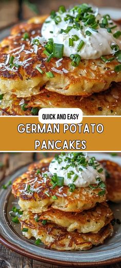 some pancakes are stacked on top of each other with sour cream and chives in the middle